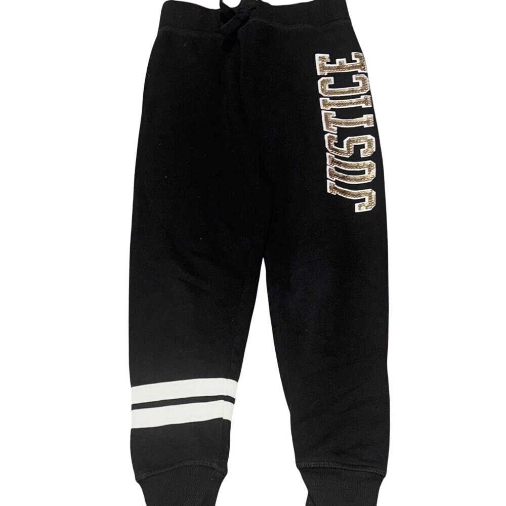 Justice‎ Girls Black Sequin Logo Fleece Jogger Sweatpants Size 6 White Stripes